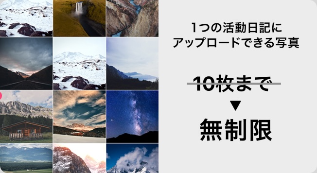 1つの活動日記にアップロードできる写真 10枚まで→無制限